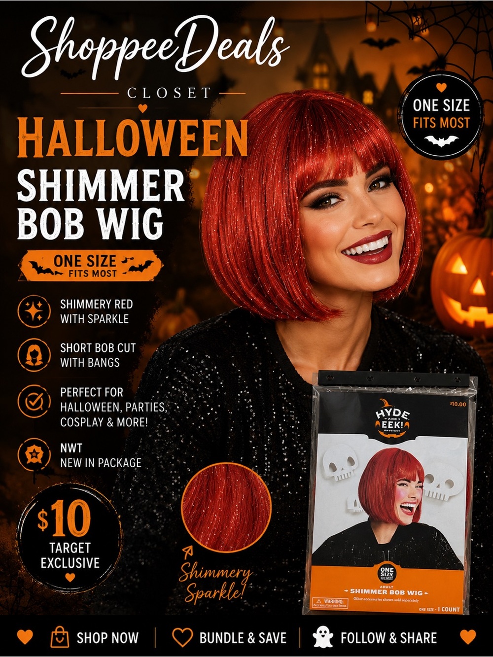 Hyde & EEK! Boutique Red Shimmer Bob Wig Halloween Costume NWT